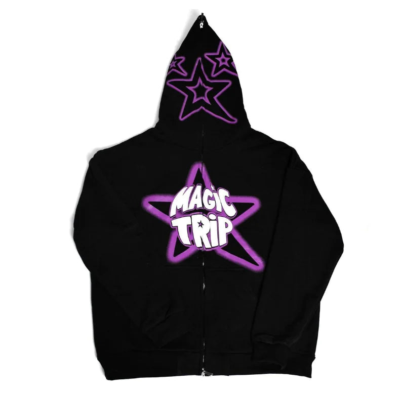 Black and White Printed Loose Hooded Sweater Top