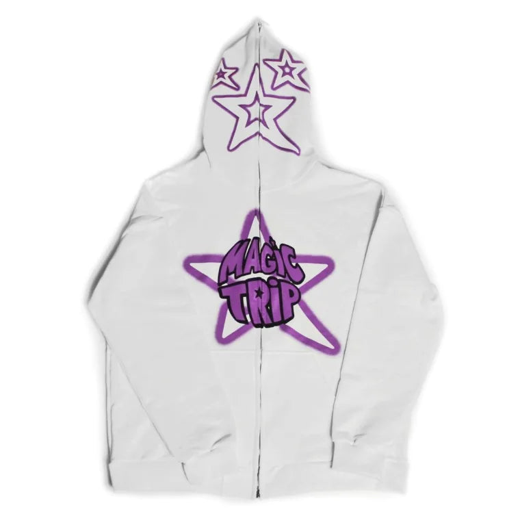 Black and White Printed Loose Hooded Sweater Top